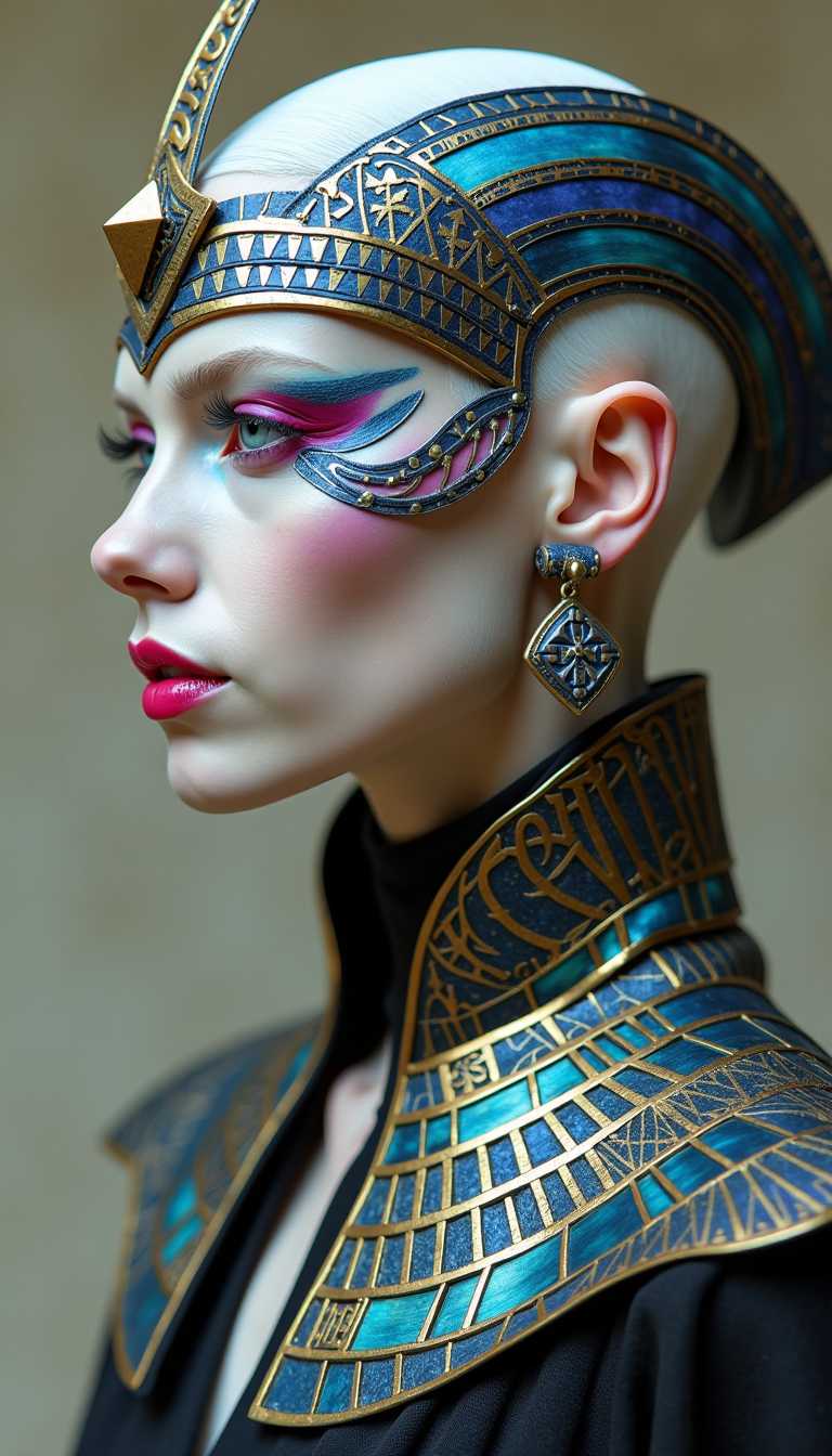 A highly stylized portrait of a super white hairless albino alopecia androgynous trans person with a futuristic and artistic appearance, infused with Pharaohpunk aesthetics. The subject has a smooth, pale complexion with striking facial features, including high cheekbones, full lips painted in metallic titanium, and prominent oversized anodized titanium piercings such as a bold septum ring and large statement earrings, adorned with sacred hieroglyphic engravings. One eye is accentuated with anodized titanium triangle makeup, extending into elongated, kohl-like lines reminiscent of ancient Egyptian ceremonial styles, giving a divine and regal presence. The head is adorned with an intricate, solid anodized titanium headpiece that resembles a pharaonic headdress fused with a sculpted short haircut, partially covering one side of the face. It features geometric reliefs, inlaid lapis lazuli, and a smooth, reflective surface with shifting hues of deep blue, violet, gold, and turquoise. The attire is a structured, high-collared black material reminiscent of ceremonial robes, reinforced with anodized titanium plates and intricate gold filigree, forming patterns that resemble ancient glyphs and cosmic constellations. Anodized titanium elements encase the figure like divine armor, evoking the aura of an otherworldly ruler from a technologically advanced dynasty. The final look merges sleek futurism with the timeless power of pharaonic iconography, blending sacred antiquity with a hyper