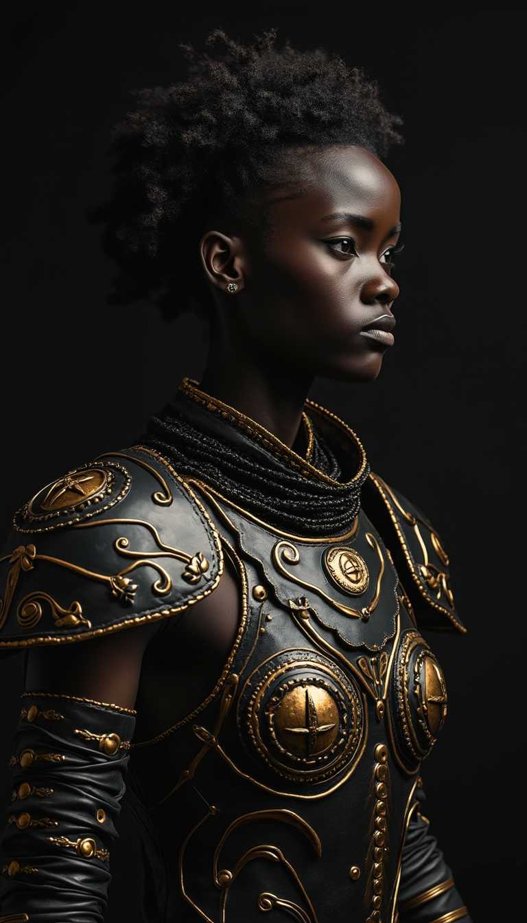 On World Cancer Day, a striking black and golden theme dominates the design, symbolizing strength and hope amidst darkness. A powerful image showcases a somber yet resilient figure, adorned in shimmering gold accents against a backdrop of deep black. The subject, a lone warrior, exudes courage and determination, captured in a high-quality photograph that conveys both the gravity and the beauty of the cause. The intricate detailing on the armor and the intensity in the figure's eyes reflect the unwavering fight against the disease, evoking a sense of empowerment and solidarity.