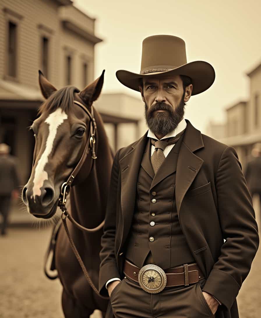 historical photo of Wyatt Earp in front of his horse, sepia color, background shows a Saloon, bokeh