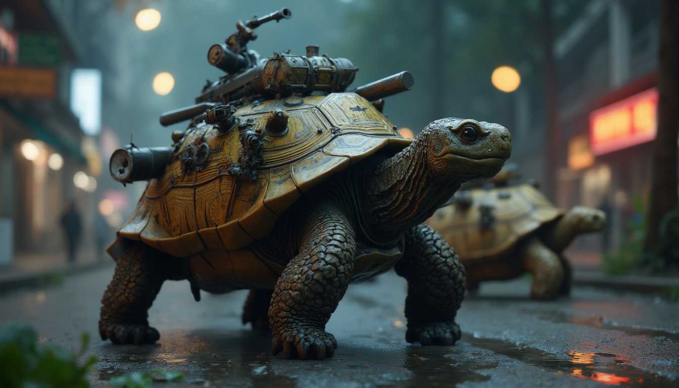 a hyper realistic 8k image of a Galapagos tortoise with canons and weapons on its shell. The tortoise is in the city battling other animals at night. The animation is a realistic version of Pokemon. 