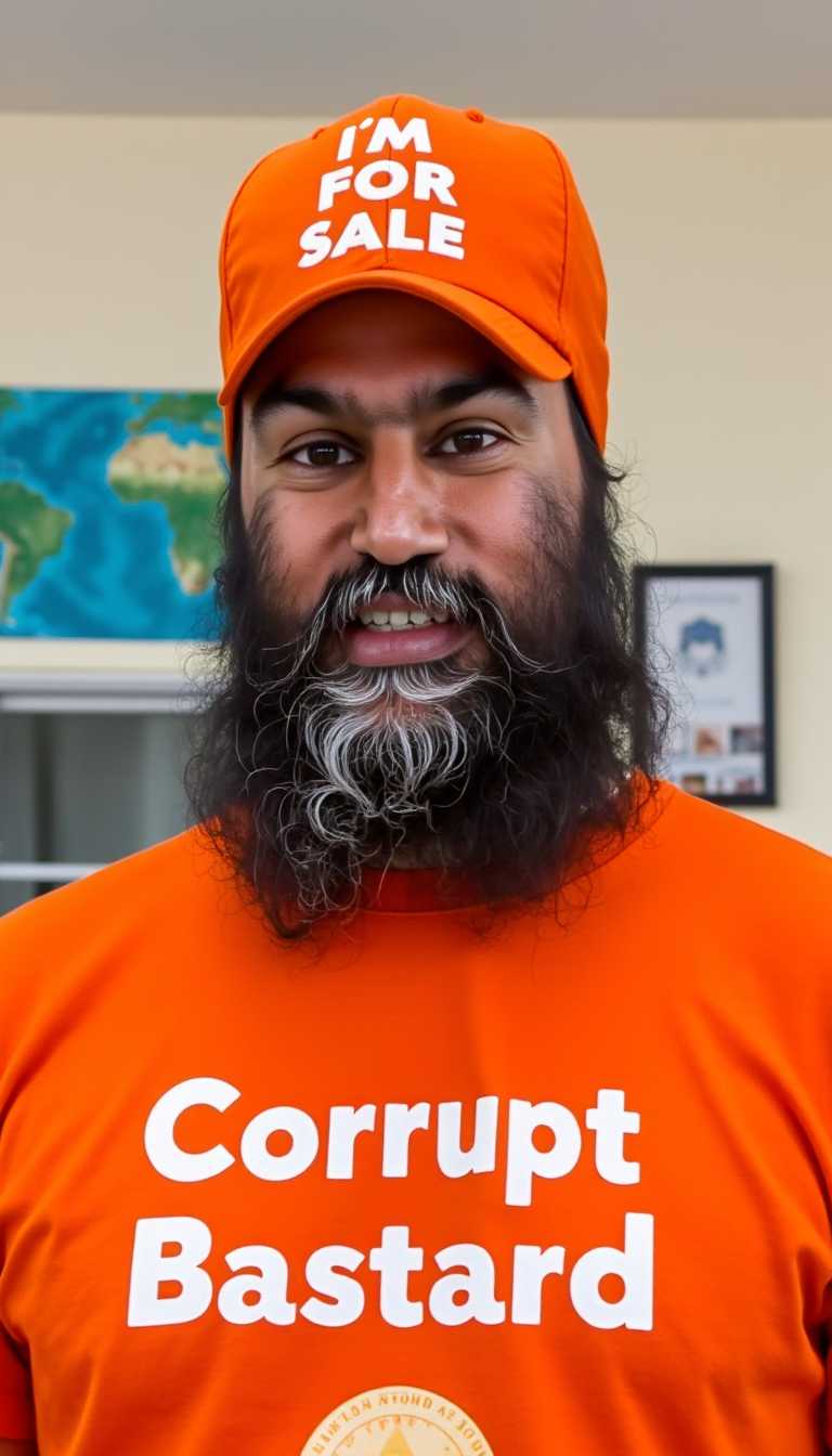 a photo of JAGMEET, wearing a orange ballcap with text that reads "I'M FOR SALE" and JAGMEET is wearing orange t-shirt with white letters "Corrupt Bastard" background a "KALASTANI" flag