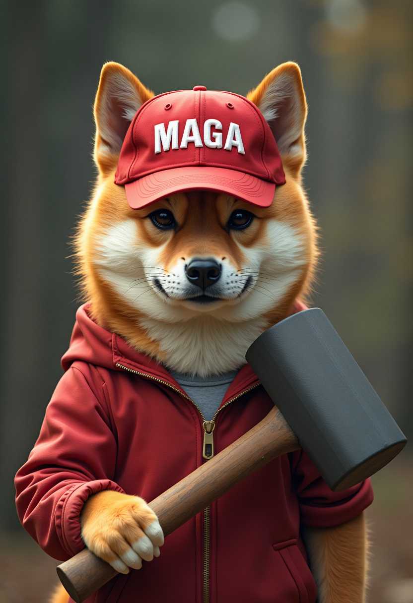 Create an image of a Shiba Inu dog wearing a red ballcap with text that reads "MAGA" and holding a massive sledge hammer 