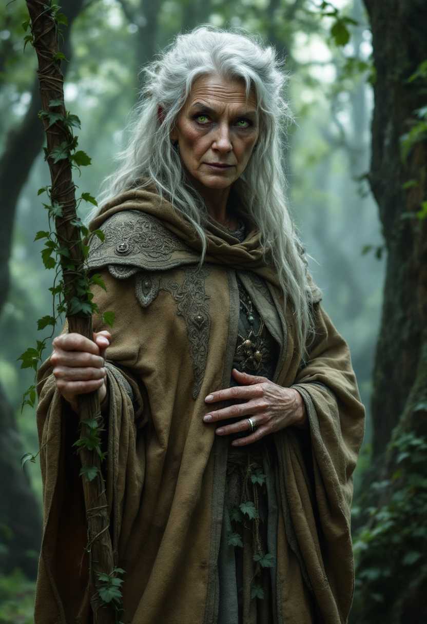 "An elderly Irish woman with wild silver hair, sharp green eyes, and weathered skin, standing in the misty depths of an ancient forest. She wears a long, earth-toned cloak with intricate Celtic embroidery and holds a wooden staff wrapped with ivy. The trees around her seem to lean in, as if listening to her wisdom. Her expression is calm but intense, filled with the weight of untold knowledge."




