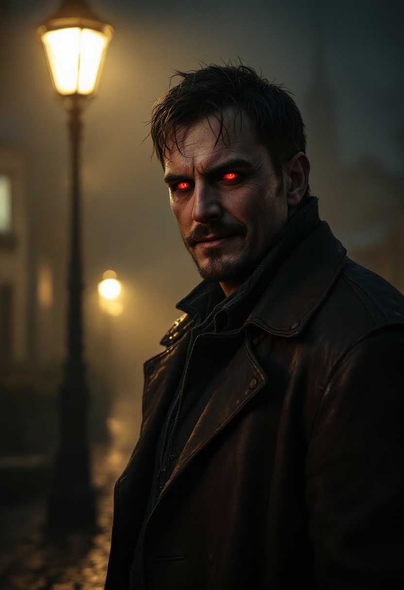 In the heart of a **misty Irish village** at night, under the **flickering light of a streetlamp**, stands a **tall, broad-shouldered Irishman** with **short, unkempt dark hair** and a **five o'clock shadow**. He wears a **slightly disheveled, dark brown leather jacket**, its texture reflecting the dim light in a way that hints at its worn history. His **eyes are dark and hollow**, with an unsettling depth that seems to **swallow the light**, revealing **red pupils** that pierce through the gloom. His **smile** is **eerily perfect**, too symmetrical, **as if carved into a mask**, while his **stance** suggests an **otherworldly control** over his form, as if he's merely **wearing human skin** as a **costume**. 

The **mood** is **ominous and surreal**, with the **village's cobblestone streets** glistening from the **recent rain**, the **streetlight casting long, distorted shadows** behind him. The **lighting** is **low-key**, emphasizing the **contrasts** between light and shadow, creating an **atmosphere of unease**. The **camera angle** is **slightly low**, looking up at him, giving him an imposing presence. The **composition** is **asymmetrical**, with the man positioned off-center, allowing the **elongated shadow** to stretch towards the frame's edge, suggesting an **unnatural extension** of his presence into the viewer's space. 

**Artistic style** would be **noir with elements of surrealism**, capturing the **uncanny valley** between human and otherworldly. Use **chiaroscuro** lighting to enhance the **mysterious** and **eerie** ambiance, and ensure the **details** of his attire, like the **leather jacket**, are rendered with **hyperrealistic texture**, juxtaposed against the **surreal elements** of his eyes and shadow.