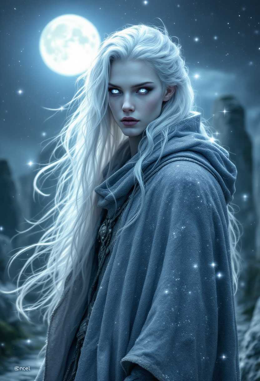 "An androgynous, ethereal being with impossibly smooth, pale skin and luminous silver eyes, their long, flowing hair shifting between shades of white and silver. They wear a cloak woven from starlight, standing at the edge of an ancient stone circle under the full moon. Their expression is unreadable, neither warm nor cold, as if they exist beyond mortal concerns. The air around them shimmers, bending reality itself."

