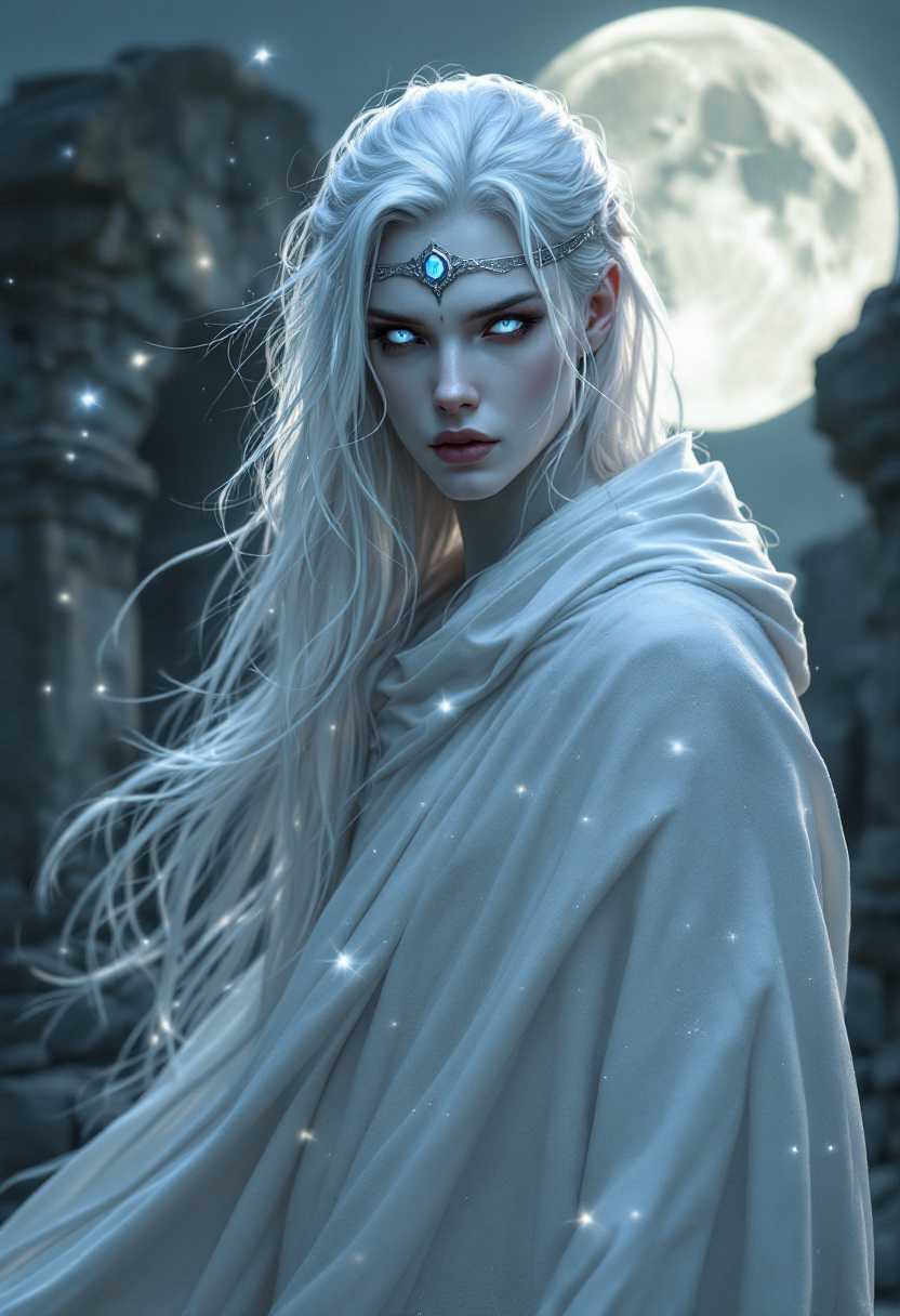 "An androgynous, ethereal being with impossibly smooth, pale skin and luminous silver eyes, their long, flowing hair shifting between shades of white and silver. They wear a cloak woven from starlight, standing at the edge of an ancient stone circle under the full moon. Their expression is unreadable, neither warm nor cold, as if they exist beyond mortal concerns. The air around them shimmers, bending reality itself.  They wear a silver torq, a band of silver metal across their forehead with a single blue gem set in the center"

