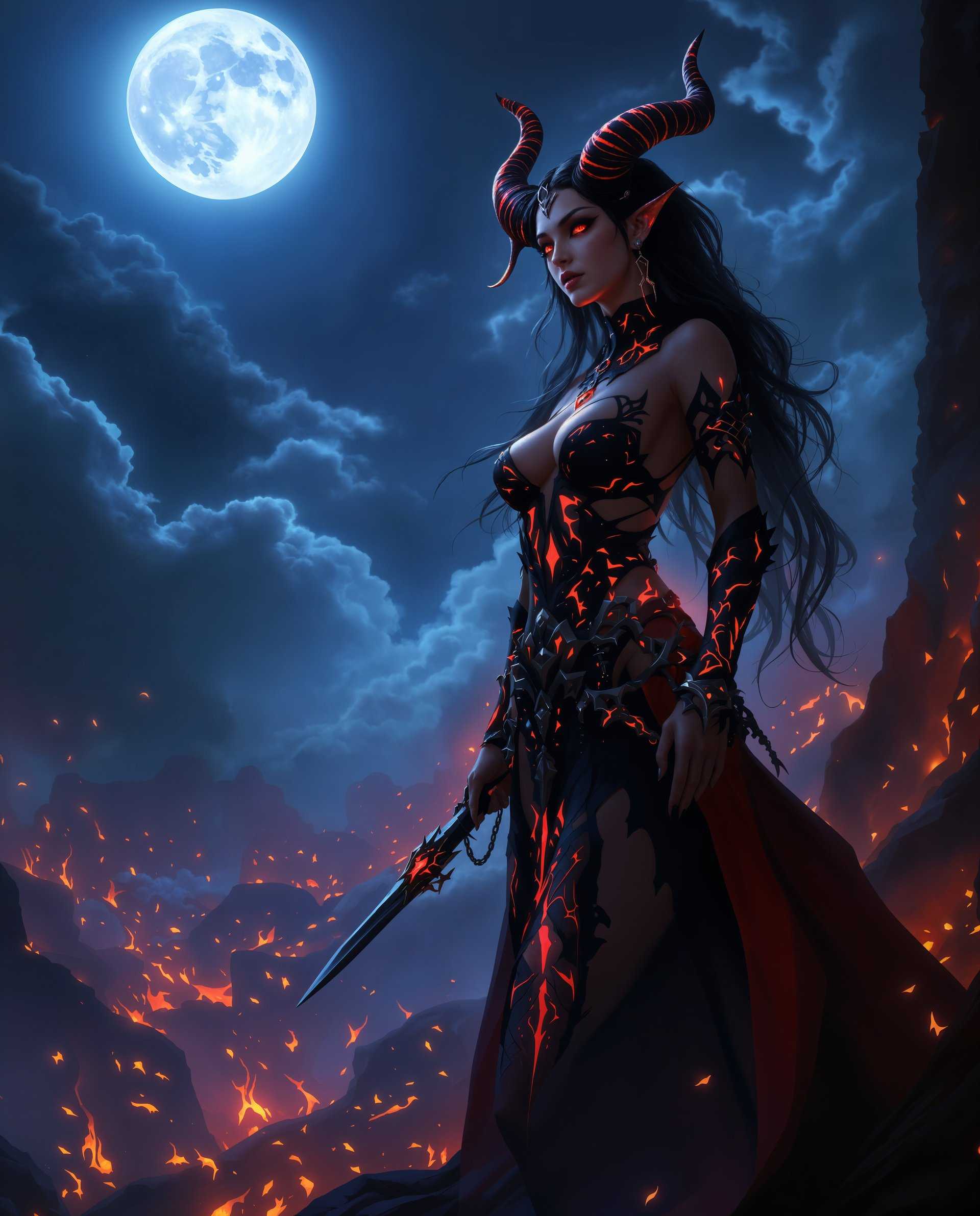 masterpiece, best quality, highres, sharp image, more detail, masterpiece, best quality, highres, sharp image, more detail, A high-resolution digital painting that captures the essence of fantasy and mystique through dramatic chiaroscuro lighting, where deep shadows and vibrant highlights play across the scene. **Central Figure**: A mythical female character, her long, flowing hair and curved horns signifying her otherworldly nature. Her costume is an intricate blend of black and red, with lace, metal accents, and glowing red patterns that pulse with a life of their own, suggesting magic. **Composition**: She stands in a three-quarter view, her posture confident with one hand on her hip and the other outstretched, as if casting a spell or commanding attention. Her gaze is directed away from the viewer, adding an element of mystery. **Background**: A full moon bathes the scene in a soft, ethereal glow, with clouds that catch the moonlight, enhancing the depth. Below, a landscape of fiery tongues and embers erupts, creating an ominous, infernal atmosphere. **Color Palette**: Dominated by rich, saturated colors - deep blues for the night sky, blacks for the shadows, and fiery reds and oranges for the flames and magical elements. **Atmospheric Elements**: The air seems charged with an electric tension, the lighting not only illuminates but also tells a story of power and mystery. **Technical Aspects**: The image employs a shallow depth of field to focus on the central figure, with the background slightly out of focus to emphasize her prominence. The use of backlighting and rim lighting highlights her silhouette, creating a halo effect around her form. **Mood and Atmosphere**: The scene is imbued with a sense of impending drama, where the calm of the moonlit night contrasts with the chaos of the fiery landscape, evoking a feeling of an epic, mystical narrative unfolding.