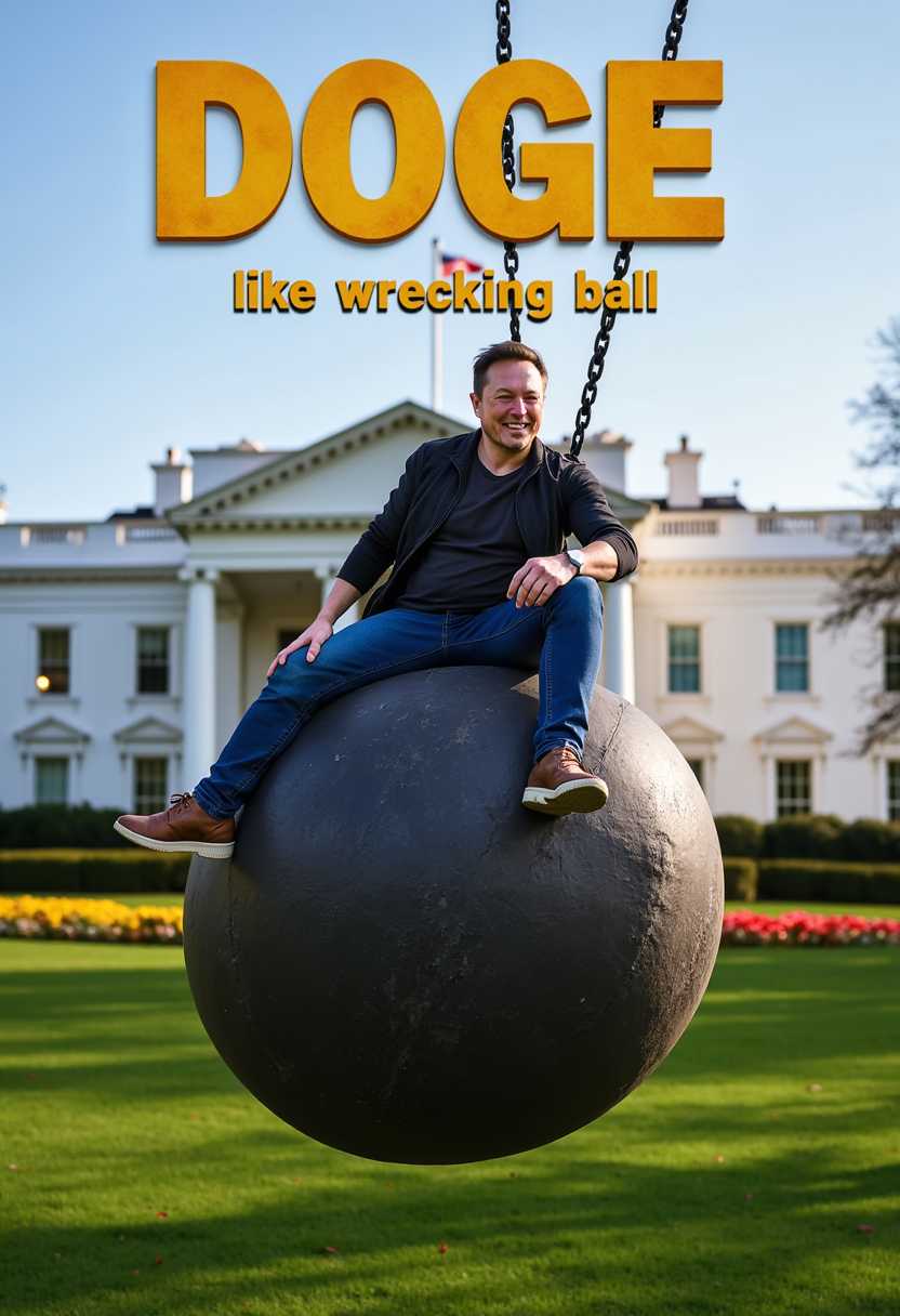 a photo of MUSK, , create an poster of MUSK Elon Musk riding a wrecking ball that is swinging from a chain, smiling to viewer. Background the US WhiteHouse. Title of the image reads as "DOGE, like wrecking ball" on the top in 3d text