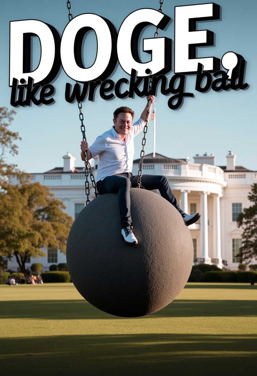 a photo of MUSK, , create an poster of MUSK Elon Musk riding a wrecking ball that is swinging from a chain, smiling to viewer. Background the US WhiteHouse. Title of the image reads as "DOGE, like wrecking ball" on the top in 3d text