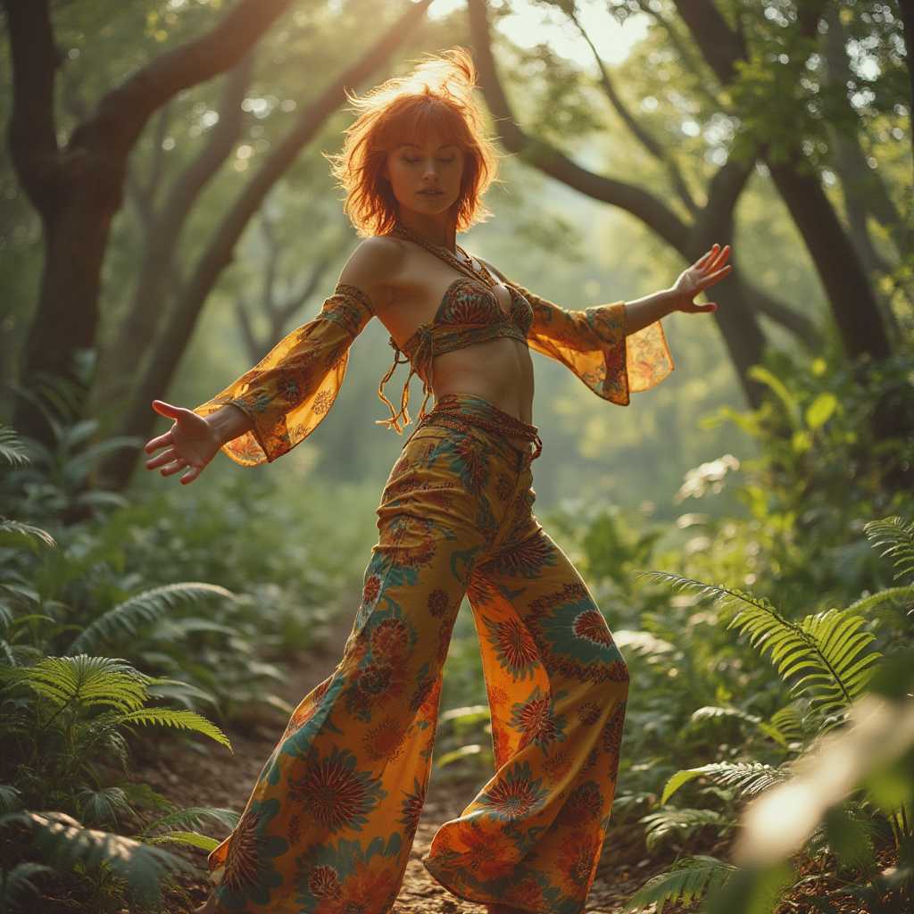 A dynamic scene set in a sun-dappled glade within a forest, where a 40-year-old woman with short, fiery red, messy hair and a pear-shaped figure strikes a provocative pose mid-dance. She wears a bold, patterned bohemian top and matching trousers, both in vibrant, saturated colors with artful cutouts, embodying the daring fashion of the 1970s. Her outfit reflects the era's free-spirited and liberated aesthetic. The composition captures her in motion, surrounded by lush ferns and light-speckled clearings, creating a harmonious blend of movement and nature:

- **Visual Details**: Her hair is tousled, catching the sunlight in strands of red and gold. The bohemian top and trousers are adorned with geometric patterns and floral motifs in rich hues like mustard yellow, burnt orange, and deep teal. Her skin has a sun-kissed glow, and her eyes sparkle with a mix of joy and sensual confidence.

- **Style**: The image is styled in the vibrant, dynamic fashion of the 70s, with rich, saturated colors, natural textures, and a sunlit, vintage album cover aesthetic. The lighting should mimic the warm, dappled light of a forest in late afternoon, with soft shadows and highlights that enhance the textures of both the fabric and the foliage.

- **Composition**: The woman is the focal point, positioned slightly off-center to allow for the dynamic movement of her dance. The camera angle is low, emphasizing her figure and the movement of her limbs, creating a sense of upward energy. The forest elements frame her, with ferns and branches arching gracefully, guiding the viewer's eye through the scene.

- **Mood and Atmosphere**: The mood is one of joyful liberation, with a dreamy, almost ethereal atmosphere. The forest setting should convey a sense of seclusion and peace, contrasting with the bold, energetic pose of the subject. The time of day is late afternoon, with the sun casting long, soft shadows, and the air feels warm and slightly humid.

- **Technical Aspects**: Use a shallow depth of field to isolate the subject from the background, ensuring her vibrant outfit and expressive pose are the focus. Employ motion blur to capture the sense of movement in her dance, while keeping her face and core elements sharp. The image should be rich in color, with a slight graininess to evoke the vintage feel of 70s photography.

- **Cohesion**: All elements work together to create a scene that feels both