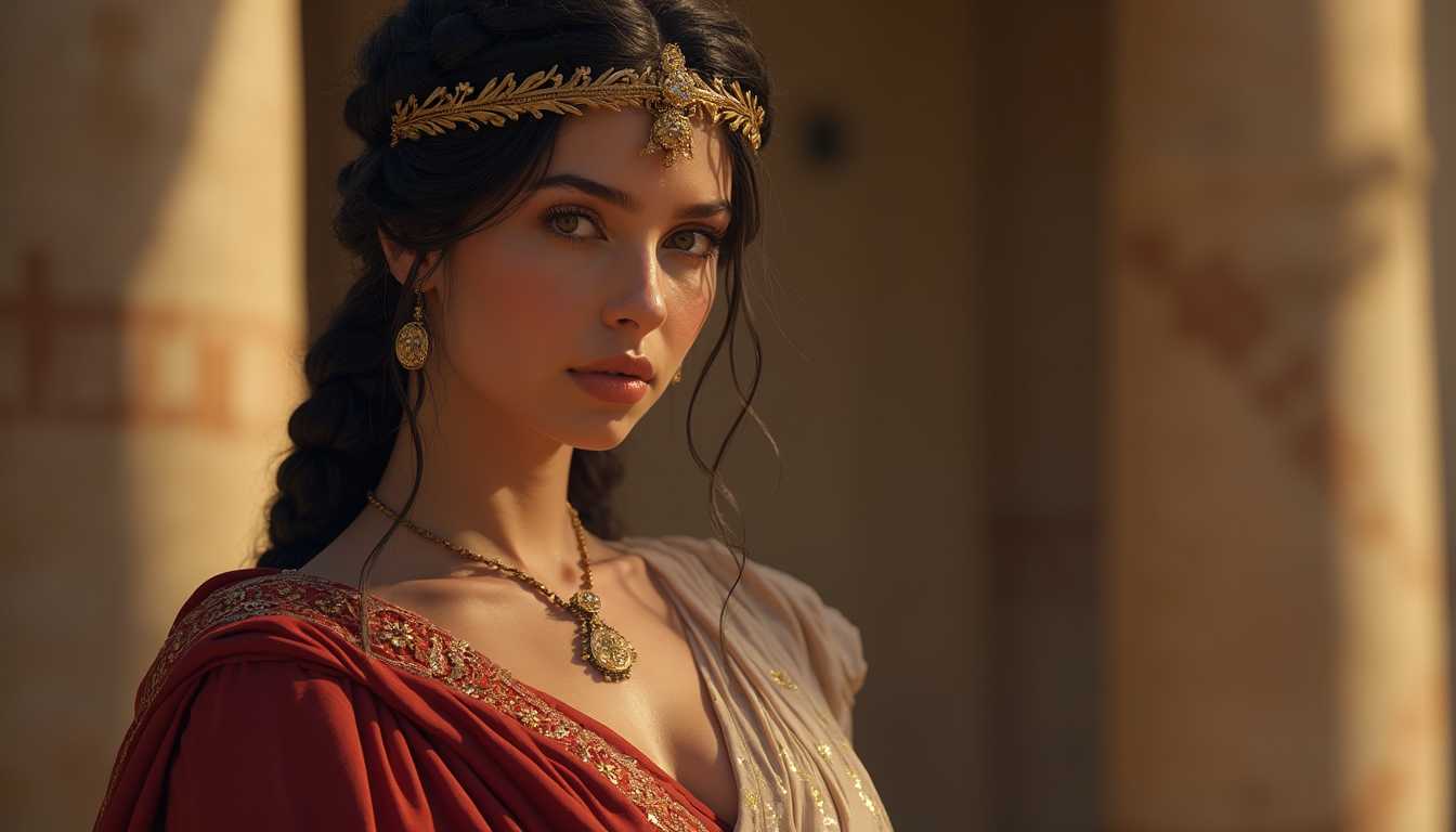 **Subject**: A Roman woman from the TOK series, featuring intricate facial details and historical accuracy.

**Visual Details**: 
- **Face**: Tru3f4ce rendering for hyper-realistic skin texture, with fine details like the natural lines of aging, pores, and subtle imperfections.
- **Hair**: Dark, intricately styled in a classic Roman hairdo with braids and curls, adorned with gold hair ornaments.
- **Costume**: Wearing a stola of rich red fabric, draped in the traditional Roman style, with a palla over the shoulder. The stola is embroidered with gold thread along the edges.
- **Accessories**: Elegant gold jewelry including a necklace, earrings, and a laurel wreath crown with small gemstones.

**Style**: 
- Photorealistic with elements of classical Roman art, blending modern photographic techniques with ancient Roman portraiture style.

**Composition**: 
- **Subject Positioning**: The woman is posed in a three-quarter view, looking slightly to her left, with her gaze directed towards the viewer.
- **Camera Angle**: At eye level to capture the details of her face and attire, with a shallow depth of field to focus on her features.
- **Framing**: Framed closely around her head and shoulders, emphasizing the facial expression and intricate details of her attire.

**Mood and Atmosphere**: 
- **Lighting**: Soft, natural light reminiscent of the Mediterranean sun, with gentle shadows to highlight the contours of her face and the texture of her garments.
- **Time of Day**: Late afternoon, casting a warm, golden glow over the scene.
- **Ambiance**: The ambiance is serene and timeless, evoking the dignity and grace of Roman nobility.

**Technical Aspects**: 
- High dynamic range (HDR) for rich color depth and detail.
- Use of chiaroscuro to enhance the three-dimensionality of her features.
- Lens choice to simulate a 50mm prime lens, providing a natural perspective and depth.

**Prompt**: Capture a hyper-realistic portrait of a Roman woman from the TOK series, showcasing her with Tru3f4ce rendering for skin texture, adorned in traditional Roman attire. Her pose should be stately, with the lighting accentuating her noble features, set against a soft, golden-lit background that speaks to the timeless elegance of ancient Rome.