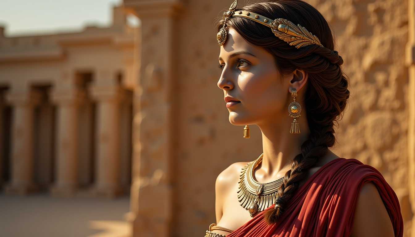 This image is rich in artistic elements that contribute to its aesthetic appeal. Lets break down the composition, lighting, and styleComposition The subject is positioned slightly offcenter to the left, which is a common compositional technique that draws the viewers eye and creates a sense of dynamism. The background is blurred, focusing the viewers attention on the subjects detailed costume and jewelry. The use of negative space, or the absence of objects, around the subject creates a sense of depth and isolation, emphasizing the subjects prominence. The symmetry in the subjects attire, with the red garment on the left and the gold jewelry, adds to the balance and harmony of the composition.Lighting The lighting in the image is warm and soft, with a golden hue that suggests either a setting sun or a light source with a warm color temperature. The lighting accentuates the textures of the subjects clothing and jewelry, giving them a lustrous and threedimensional appearance. The lighting also casts gentle shadows, which add to the sense of volume and dimension in the subjects form.Style The style of the image is reminiscent of classical or historical portraiture, with a focus on the subjects attire and accessories, which are rich in detail and suggest a high status. The subjects hairstyle and the intricate jewelry are indicative of a specific cultural or historical period, possibly ancient Egypt or Greece, given the style of the clothing and adornments. The overall style of the image is one of elegance and refinement, with a strong emphasis on the subjects regal bearing.The combination of these elements creates an image that is both visually striking and thematically rich, evoking a sense of antiquity and nobility., RomanWoman