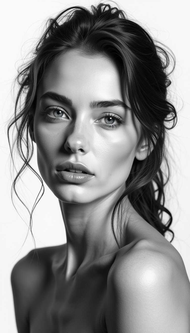 charcoal portrait of a beatiful woman, white background,  
