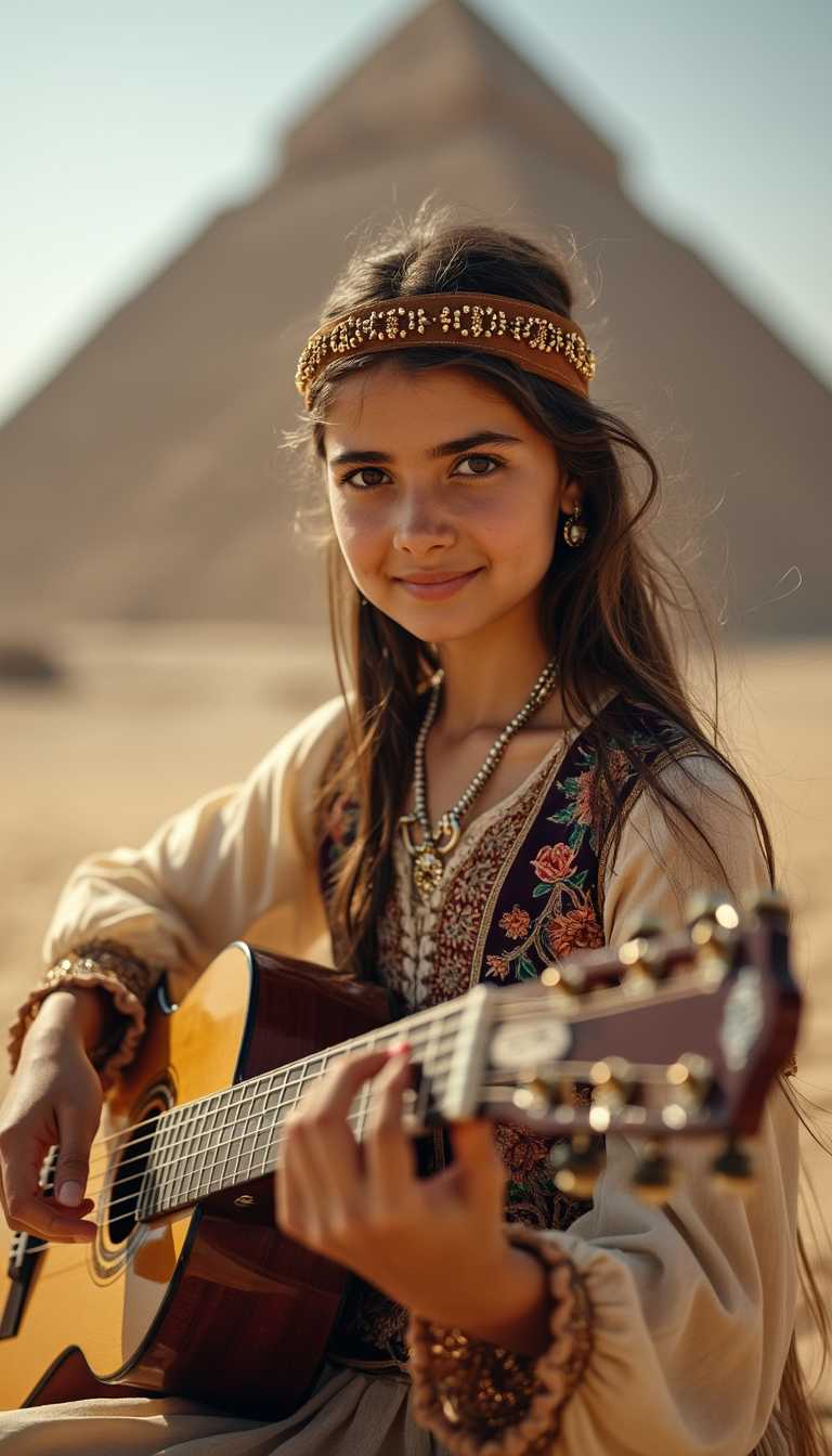 Realistic highly detailed close up portrait photograph of brunette girl with arabic dress, play guitar in desert front of the pyramid