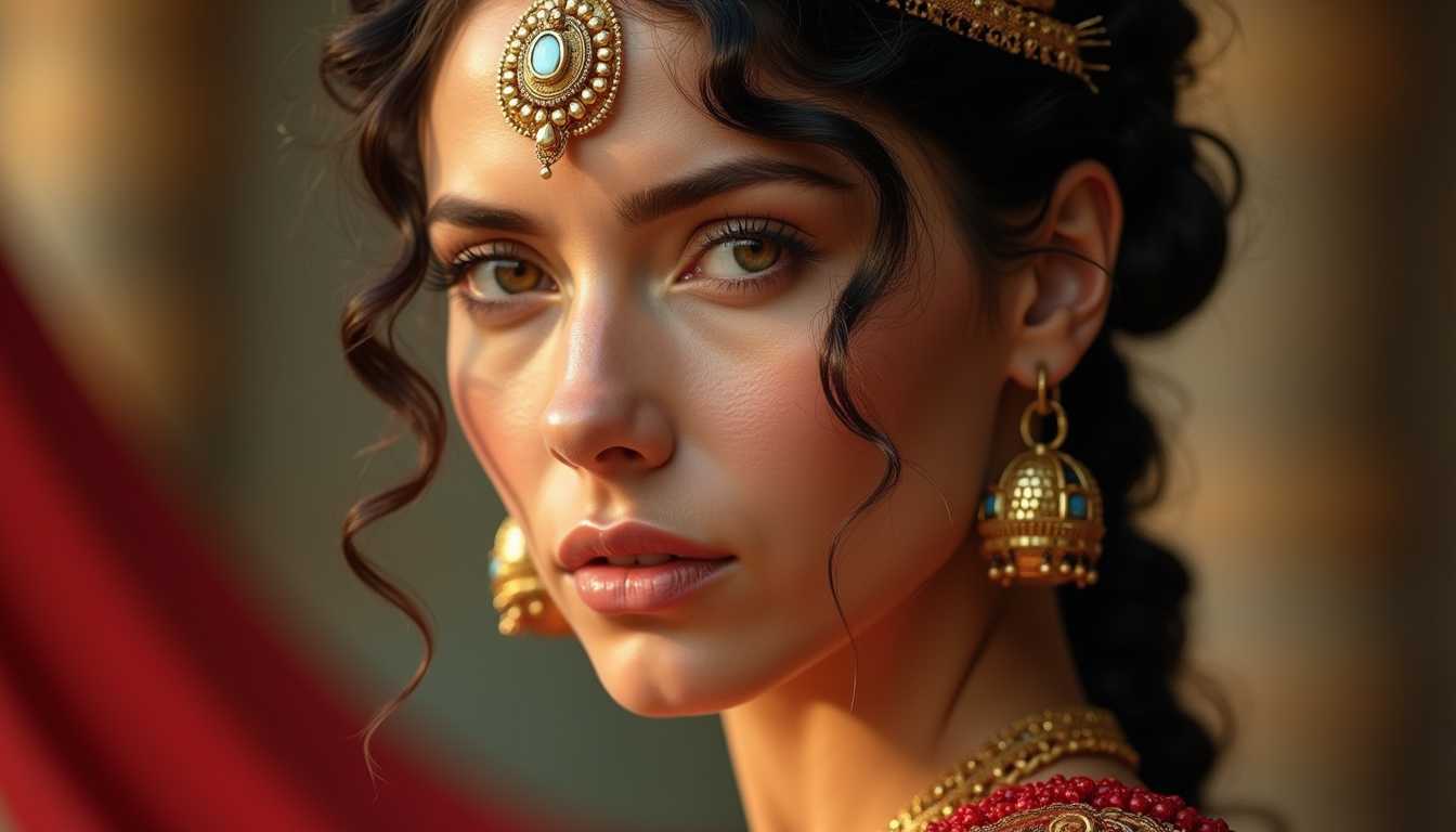 art, a photo of TOK Roman Woman, This image is rich in artistic elements that contribute to its aesthetic appeal. Lets break down the composition, lighting, and styleComposition The subject is positioned slightly offcenter to the left, which is a common compositional technique that draws the viewers eye and creates a sense of dynamism. The background is blurred, focusing the viewers attention on the subjects detailed costume and jewelry. The use of negative space, or the absence of objects, around the subject creates a sense of depth and isolation, emphasizing the subjects prominence. The symmetry in the subjects attire, with the red garment on the left and the gold jewelry, adds to the balance and harmony of the composition.Lighting The lighting in the image is warm and soft, with a golden hue that suggests either a setting sun or a light source with a warm color temperature. The lighting accentuates the textures of the subjects clothing and jewelry, giving them a lustrous and threedimensional appearance. The lighting also casts gentle shadows, which add to the sense of volume and dimension in the subjects form.Style The style of the image is reminiscent of classical or historical portraiture, with a focus on the subjects attire and accessories, which are rich in detail and suggest a high status. The subjects hairstyle and the intricate jewelry are indicative of a specific cultural or historical period, possibly ancient Egypt or Greece, given the style of the clothing and adornments. The overall style of the image is one of elegance and refinement, with a strong emphasis on the subjects regal bearing.The combination of these elements creates an image that is both visually striking and thematically rich, evoking a sense of antiquity and nobility., RomanWoman