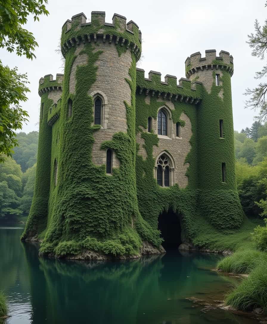 A majestic stone castle stands proudly, its walls overgrown with ivy and vines that cascade down like nature's drapery. The texture of the weathered stone is softened by the vibrant greens, creating a stunning contrast that speaks of age and resilience. Surrounding the castle is a serene water moat, its reflective surface mirroring the enchanting scene above. The combination of the lush vegetation and the sturdy stone gives the castle an air of both mystery and timeless beauty, inviting visitors to explore its storied past.