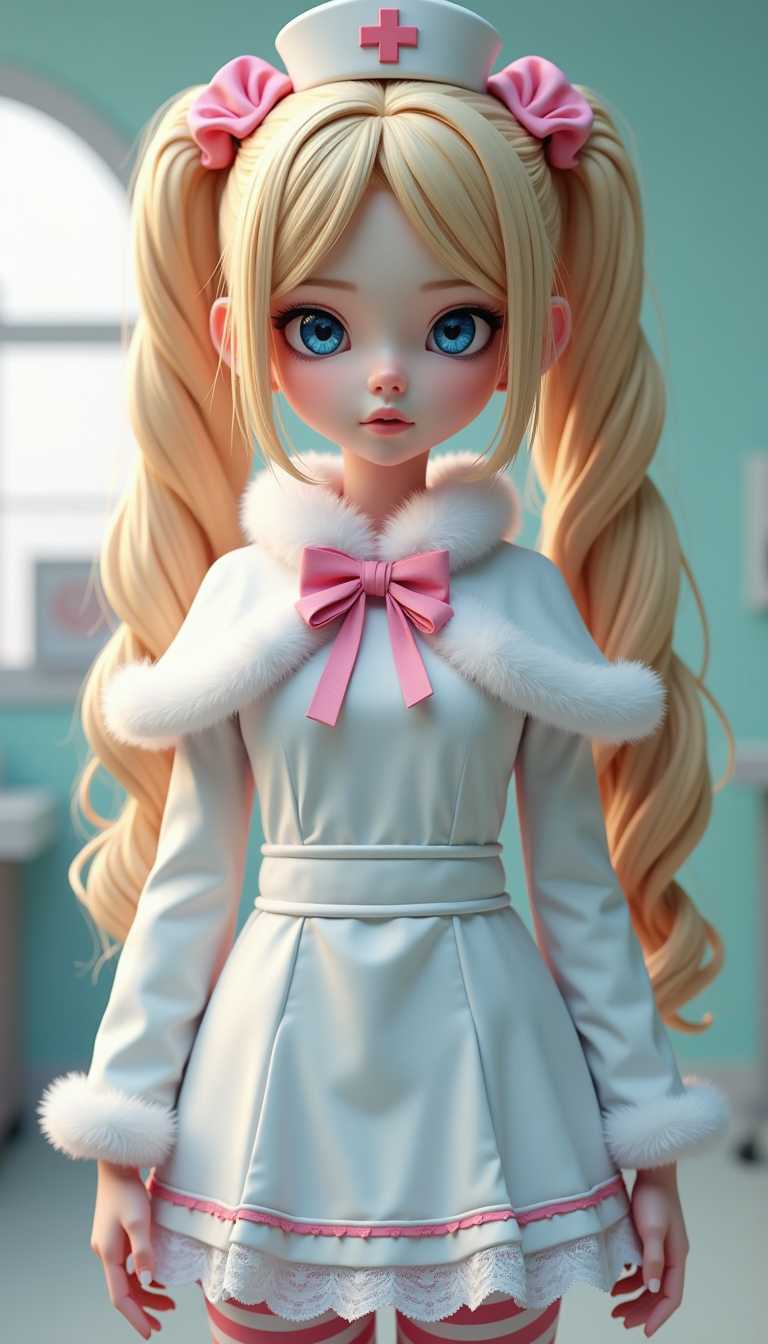 Rendered in stunning 4K and UHD resolution with Octane Render CGI technology ((Long blonde hair in twin tails with drill-shaped ends)) pink hair ribbon with white lace frills, long sleeves, Sleeves are short than the wrist, nurse costume, (A mini crown that sits diagonally off-center on the head.), fur-trimmed capelet, white capelet, pink and rad striped pantyhose,(A white halloween nurse dress with white flounces around the outside, which starts at the center front around the thighs and gradually gets longer as it approaches the heels.)  ((Masterpiece:1.2)), (Best Quality), (Photorealistic, Photorealistic:1.37), (Detailed),(Very Beautiful Symmetrical Face), (Excessively Attractive female), (Strong Highlights in Eyes), (((Pixel Perfect, Perfect in every detail))), (hospital),  (Frowning:1.1), (blush:1.1), (The bangs are split like two large antennae, exposing the forehead.), blue eyes, glossy lips, Symbol-shaped pupil, Half-closed eyes, ((beautiful detail eyes:1.3)),   correct and perfect hands and fingers , confused,correct anatomy, Rogue and cute, many details, looking at viewer, full body, solo,  creating a vibrant impression, away from the camera, anatomically correct,  closed mouth, ringlets,  Her expressive, charming eyes and soft, delicate facial features arouse admiration, creating a welcoming and adorable presence