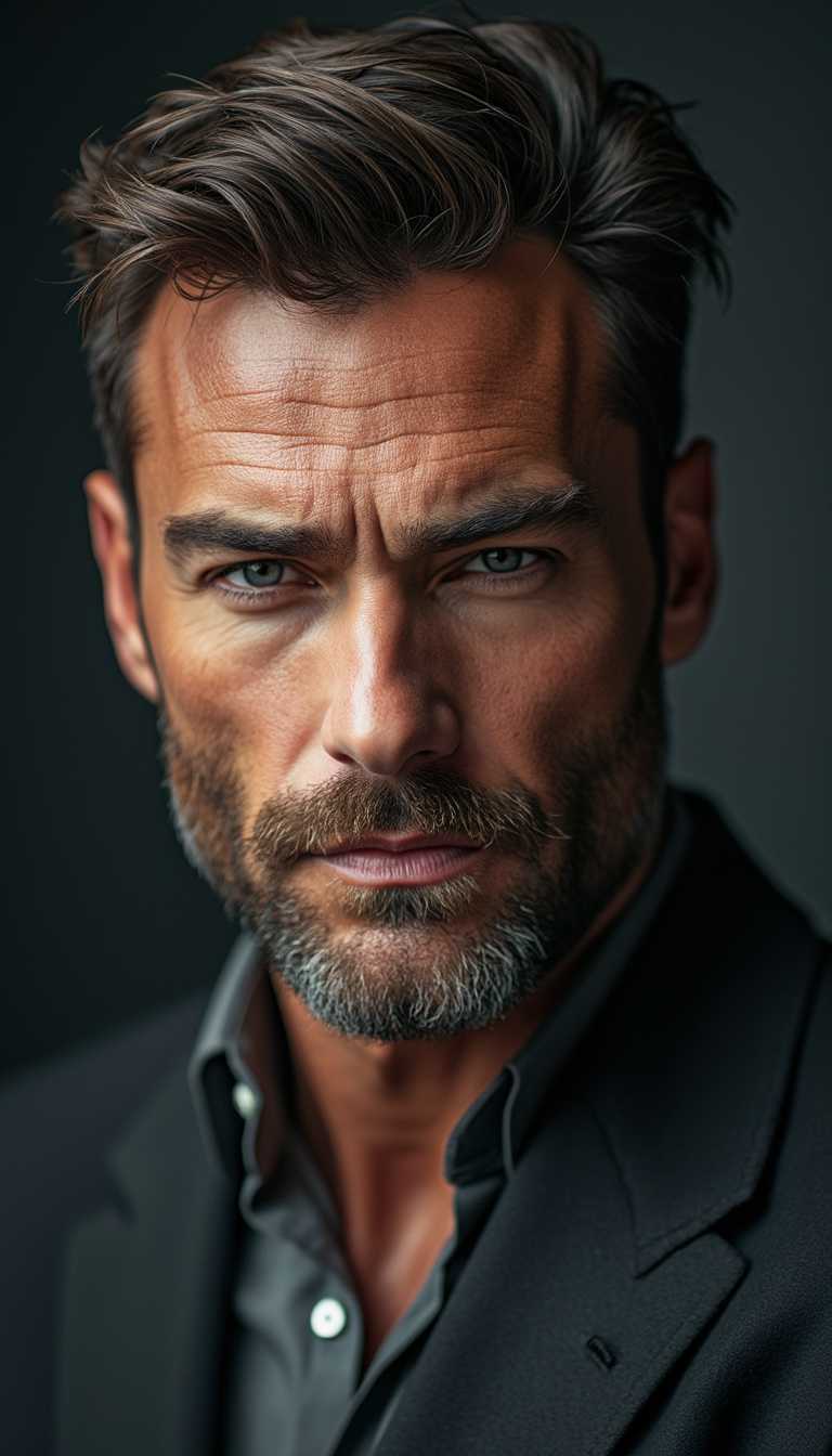 A ruggedly handsome man with a chiseled jawline, light stubble or a well-groomed beard. He has deep, intense eyes and a confident, charismatic expression. Dressed in a stylish, tailored outfit—perhaps a dark suit, a high-quality leather jacket, or a smart-casual ensemble. His hair is perfectly styled, adding to his masculine appeal. The lighting is cinematic, with a dramatic contrast that enhances his strong facial features. A refined, modern, and elite aesthetic, resembling a high-end fashion photoshoot. Ultra-detailed, hyper-realistic, 4K, professional photography, depth of field, sharp focus, filmic tones.