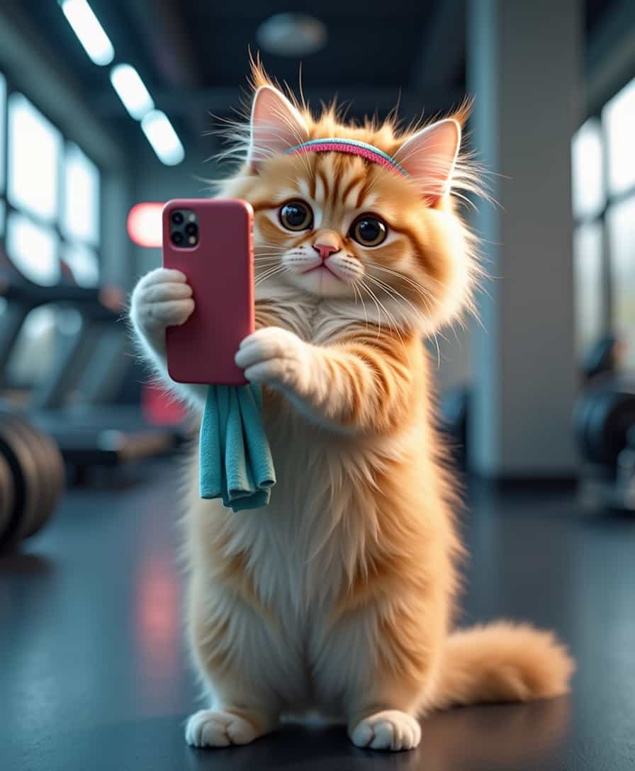 A fluffy, adorable  female cat standing on its hind legs in a modern gym, holding a smartphone with its front paws, taking a selfie. The cat has a playful expression, big round eyes, and perked-up ears. It wears a tiny sweatband on its head and has a small towel draped over its shoulder, looking like it just finished a workout. The background includes gym equipment like dumbbells, treadmills, and neon fitness lights. The scene is bright and energetic, capturing a humorous and cute moment of a cat acting like a human in a gym.
