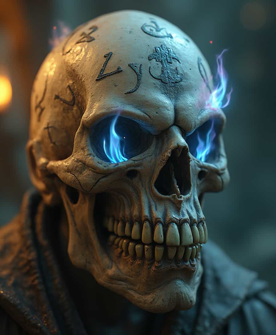 Closeup portrait of an old and weathered floating magical skull with runes sparsely scattered all over, blue flames for eyes, snarky expression, no hair, bald, dimly lit fantasy realm environment, Realistic style, Photorealistic