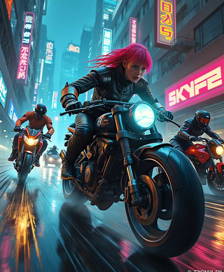 Imagine a high-speed chase through a neon-lit cyberpunk metropolis. A group of cybernetic racers, with state-of-the-art implants and equipment, pursue a heavily armed vehicle through narrow alleys and bustling avenues. The action focuses on the critical moment where the leader of the racers, a woman with brightly colored hair and a determined look, jumps from her motorcycle toward the target vehicle. The scene is full of details: the glow of neon lights reflecting on the runners' bodies, the rain-soaked asphalt, the futuristic buildings rising into the sky. The composition is dynamic, with diagonal lines of movement and a sharp focus on the main action. The atmosphere is tense and exciting, with a vibrant color palette and a stark contrast between light and shadow.