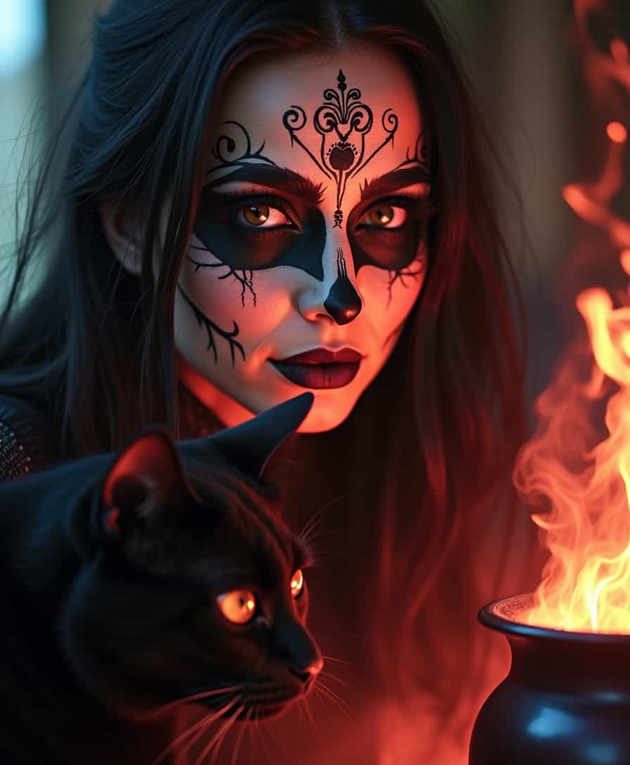 In a captivating, cracks style, a close-up headshot of a woman adorned in striking face paint and grey makeup captures the viewer’s imagination. Her makeup enhances her features, transforming her into a mystical figure reminiscent of a witch. The intricate designs of her face paint evoke a sense of magic and allure, inviting curiosity about the story she embodies. 

Surrounding her is an ethereal glow, reminiscent of a red, fiery ambiance, as if she stands beside a cauldron, its warmth illuminating her enigmatic expression. A black cat rests comfortably nearby, its presence adding to the enchanting atmosphere. The scene hints at a deeper narrative, blending elements of witchcraft and beauty, as the woman appears focused on an unseen task, possibly concocting a potion that reflects her artistry and intentions. 
