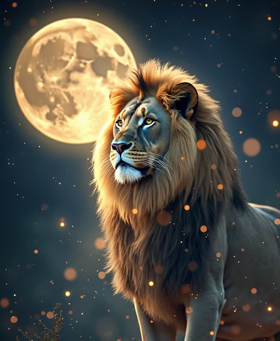 An artistic image of a full moon in Leo, with a majestic lion. The background a full  glowing moon in a deep celestial night sky, with soft golden hues and starry elements surrounding the lion. The lion exudes strength, courage, and mystery, symbolizing the energy of Leo. The color palette focuses on gold, white, and deep blue tones, creating a magical, mystical, and regal atmosphere.
