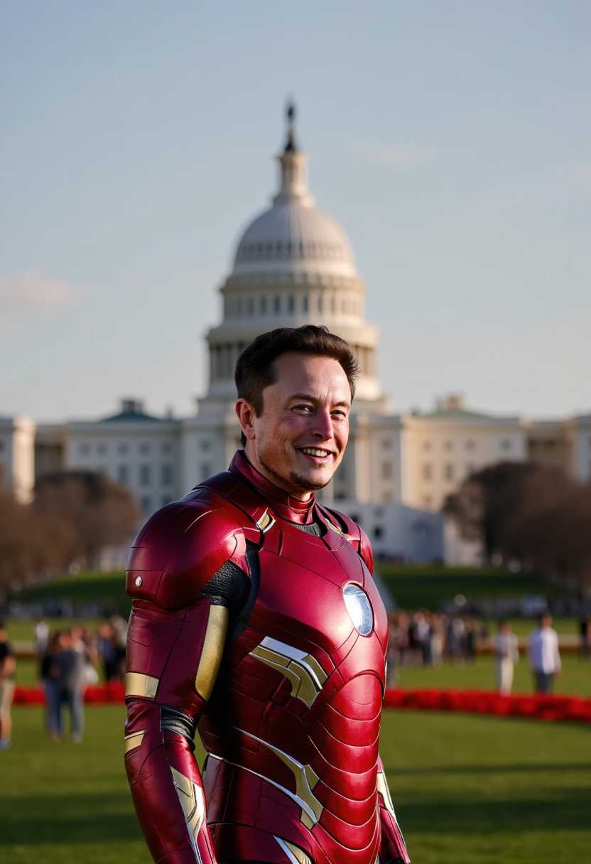  a photo of MUSK, wearing an MUSK Iron Man suit looking at viewer smiling happy.. background the IS capital WhiteHouse Arial 