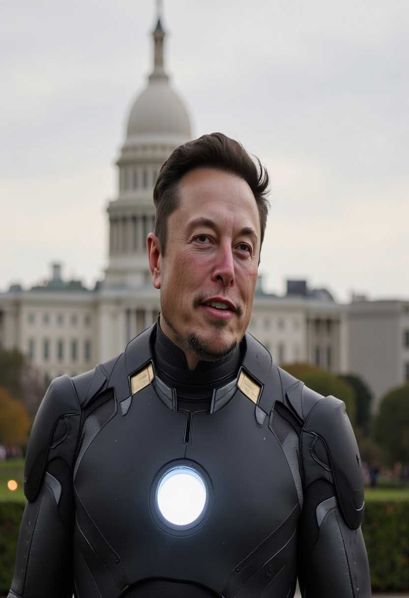  a photo of MUSK, wearing an MUSK Iron Man suit looking at viewer smiling happy.. background the IS capital WhiteHouse Arial 