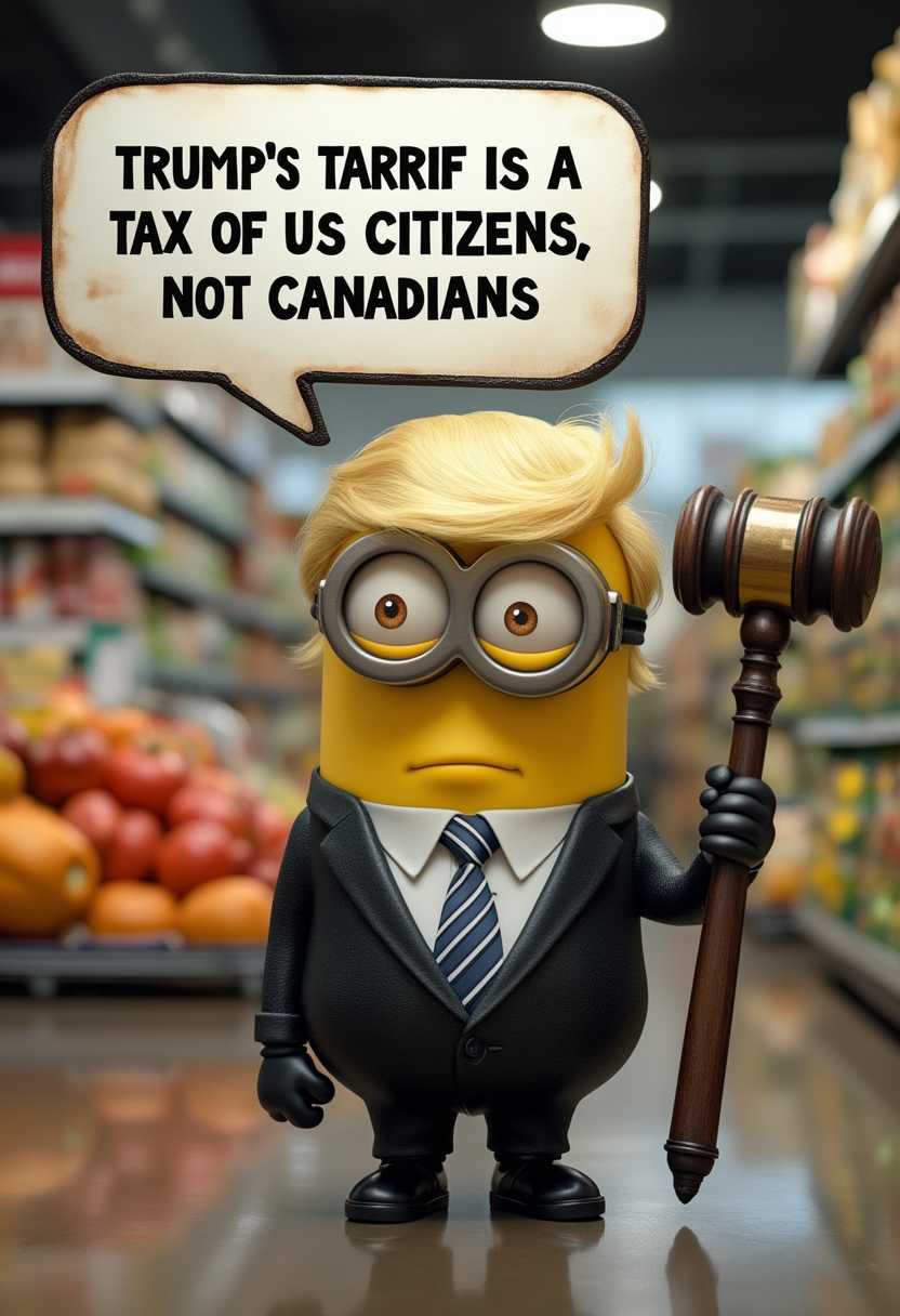 Create a image of a minion wearing an Trump haur, suit tie, outfit with a speach bubble that reads "TRUMP'S TARRIF IS A TAX ON US CITIZENS, NOT CANADIANS" the minion is holding a huge massive gavel ..background in a grocery store 