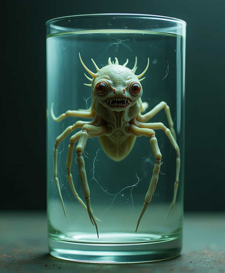 Description: The camera gradually zooms in on the glass. Inside, an otherworldly creature—a grotesque fusion of bioengineered tissue and alien matter—floats ominously. Its form subtly shifts, adapting to its environment.
🔹 Details: The creature stirs slightly, its form shifting unpredictably as if testing its surroundings. Tiny, almost imperceptible cracks on the glass hint that it has tried to escape before.
🔹 Mood: A creeping sense of unease, as if something is watching back.