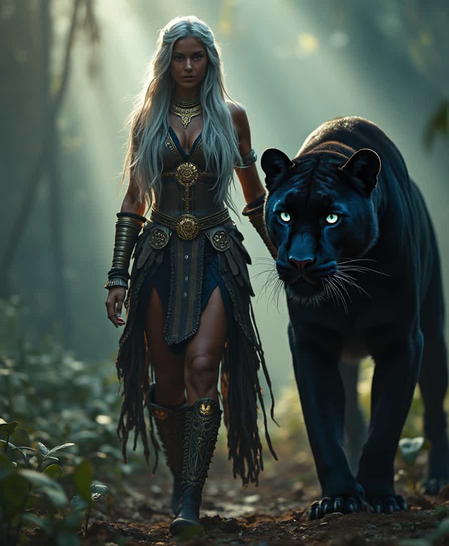 A powerful female warrior with long silver hair, wearing tribal armor with golden details, walking confidently beside a massive black panther with glowing blue eyes. The environment is a misty jungle with rays of light breaking through the trees. The scene is cinematic, hyper-realistic, 8K, with ultra-detailed textures and dramatic lighting. 