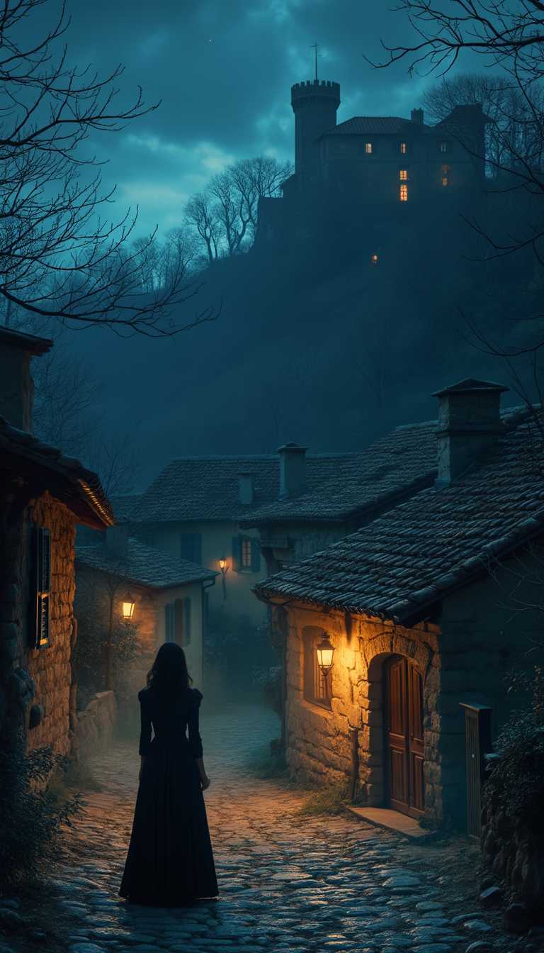 A serenely isolated village at night, enveloped in a mysterious, soft blue light, with rustic houses adorned with terracotta roofs and wooden shutters casting long shadows. The village streets, lined with worn cobblestones, lie quiet and deserted, except for a lone figure of a mysterious woman standing at the entrance, shrouded in darkness. Behind her, a dark forest looms, with the silhouette of an old, abandoned castle in the distance, its towers reaching towards the starry sky like skeletal fingers. The faint glow of lanterns flickers like fireflies, as the village slumbers, unaware of the secrets that the night may bring.