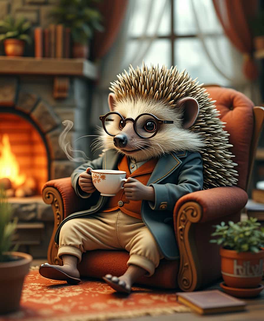 An anthropomorphic hedgehog dressed in a tailored waistcoat and glasses, sitting in a cozy armchair inside a charming pinecone house. The room is warmly lit by a crackling fireplace, with tiny wooden furniture and soft cushions. The hedgehog is holding a delicate teacup with steam rising, enjoying a peaceful moment. Books and tiny potted plants surround him, emphasizing the cozy and rustic atmosphere