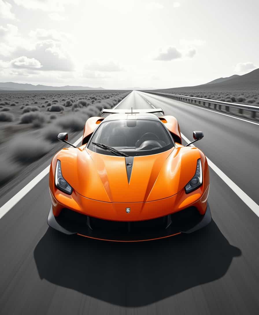 A stunning, high-contrast, desaturated black and white photograph of a vibrant orange racing car speeding down a highway, captured with a cinematic 50mm lens, evoking a sense of gritty realism. The image should exude a sense of dynamism, with the car's sleek lines and vibrant color popping against the gritty, grainy background. The hard light casting deep shadows accentuates the car's curves, while the subtle film grain adds a layer of tactility. The composition is masterfully balanced, with the car placed centrally, surrounded by an expansive, empty highway that stretches into the distance. The photograph should evoke the feeling of a candid, unposed shot, as if the photographer just happened to capture the car in motion. The overall aesthetic should be gritty, realistic, and breathtakingly beautiful, with a subtle sense of nostalgia courtesy of the grainy, film-inspired texture.