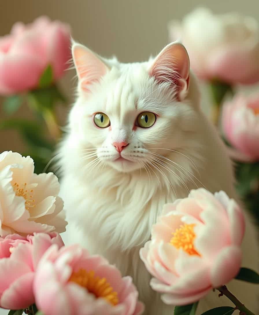 a dreamlike and vivid cinematic photograph of a majestic white cat, with velvety soft fur and piercing emerald green eyes, surrounded by lush, delicate peonies in various shades of soft pink and creamy white, set against a warm, creamy background with subtle film grain, evoking a sense of nostalgia and enchantment, with the cat's gentle gaze drawing the viewer's attention, as if lost in thought, amidst the whimsical, surreal atmosphere.