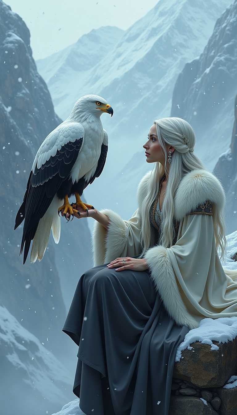 The image depicts a mystical winter scene where a woman with long, silver-white hair, dressed in a flowing, fur-lined cloak, sits on a rocky ledge surrounded by snowfall. She gazes intently at a majestic white and black-feathered eagle, which perches on her outstretched arm, its wings partially spread as if ready to take flight. The background features a misty, snow-covered mountain range, adding to the ethereal and otherworldly atmosphere. The lighting is soft and diffused, giving the scene a dreamlike quality.

A mystical winter fantasy scene featuring a woman with long, silver-white hair dressed in an elegant, fur-lined cloak. She sits on a rocky ledge in a snow-covered mountain landscape, surrounded by softly falling snowflakes. In front of her, a majestic white feathered eagle perches on her arm, its wings partially spread. The atmosphere is ethereal, with soft, diffused light creating a dreamlike and magical ambiance. The woman’s expression is calm and wise, as if she shares a deep bond with the eagle. The art style is highly detailed, semi-realistic with a painterly fantasy aesthetic, similar to epic fantasy illustrations.

