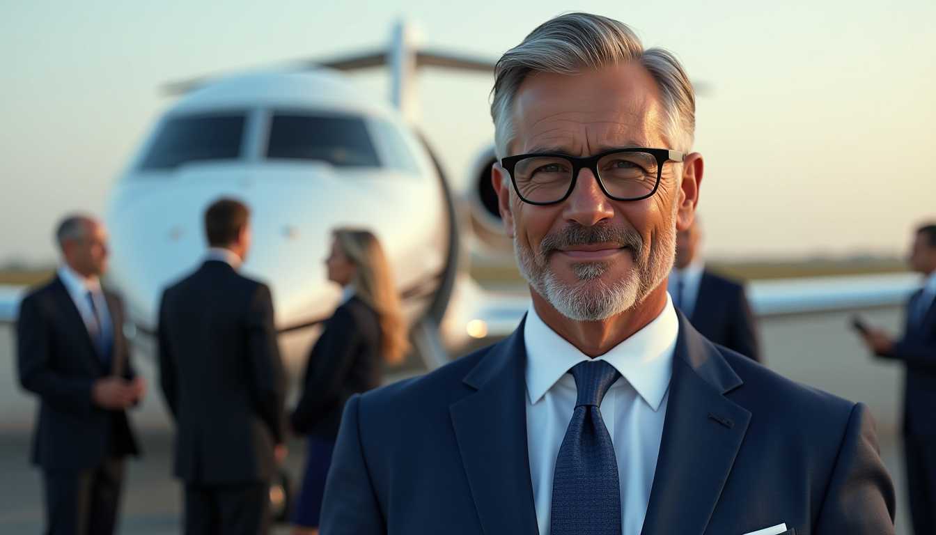 A confident, well-dressed businessman with short gray hair, glasses, and a neatly trimmed beard, wearing a navy blue suit with a white shirt and a blue tie. He stands in front of a luxurious private jet, exuding wealth, success, and sophistication. The background is slightly blurred with warm lighting, featuring a private airport scene with high-status individuals engaged in conversations near luxury cars and jets. The image is photorealistic with ultra-detailed textures, cinematic lighting, and sharp facial features. 

