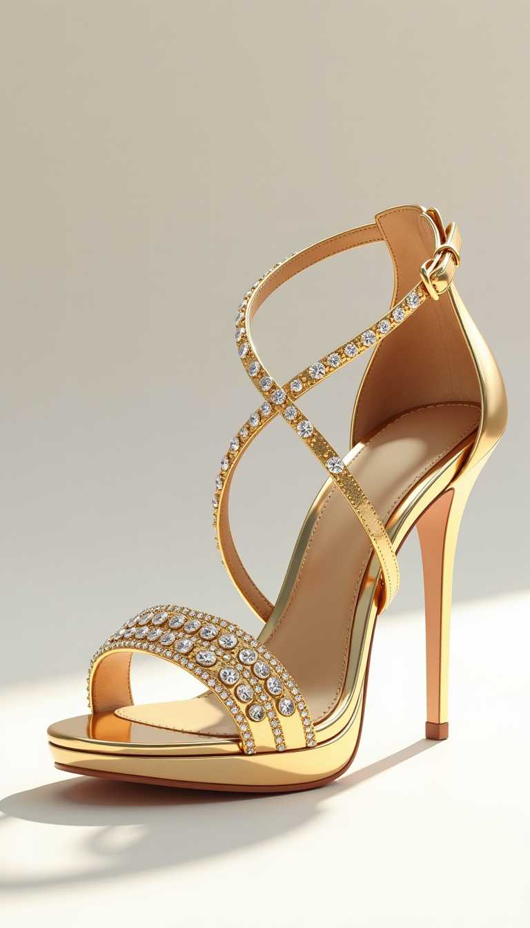 A highly detailed, cinematic 3D Pixar-style close-up of a elegant gold female high-heeled sandal, adorned with intricately designed diamond embellishments that sparkle against a pristine white background, with subtle soft lighting that accentuates the textures and curves of the sandal, giving it a luxurious and sophisticated appearance.
