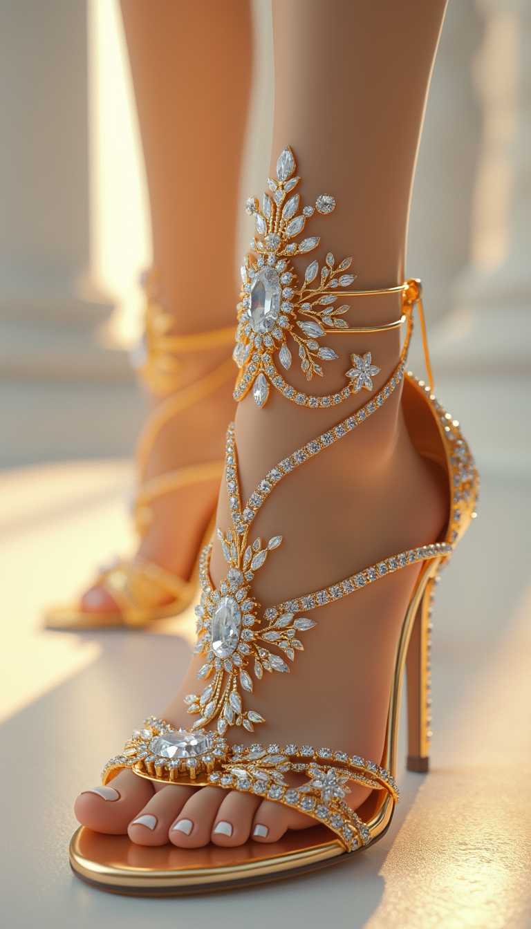 A highly detailed, cinematic 3D Pixar-style close-up of a elegant gold female high-heeled sandal, adorned with intricately designed diamond embellishments that sparkle against a pristine white background, with subtle soft lighting that accentuates the textures and curves of the sandal, giving it a luxurious and sophisticated appearance.