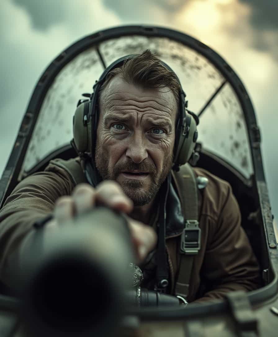 a gritty, high-contrast, black and white cinematic photograph of a rugged WWII fighter pilot, facial features contorted in shock and disbelief, with a prominent jawline, sweat-drenched forehead, and a determined gaze, dressed in worn, brown leather flight gear, pressing the trigger of his machine gun, the weapon's muzzle blurry as if expecting a burst of fire, but instead, an eerie silence, amidst a dark, turbulent, and ominous cloudscape, with the plane's cockpit instruments and controls blurred in the background, emphasizing the pilot's isolation, capturing a dramatic and tense atmosphere, lit by a faint, golden light peeking through the clouds, evoking a sense of desperation and urgency, with bold, gritty textures and pronounced grain, as if shot on film.
