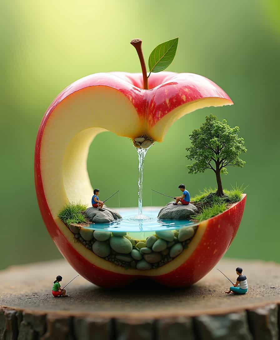 A surreal digital artwork of a halved apple forming a miniature landscape. The bottom half of the apple contains a small pond with crystal-clear blue water, surrounded by tiny lush green trees and realistic miniature rocks. The top half of the apple is floating above, pouring a delicate waterfall into the pond. Tiny, detailed figures of people are engaging in various activities around the pond, such as fishing, sitting, and admiring the view. The background is softly blurred, creating depth and emphasizing the central composition of the whimsical apple world.








