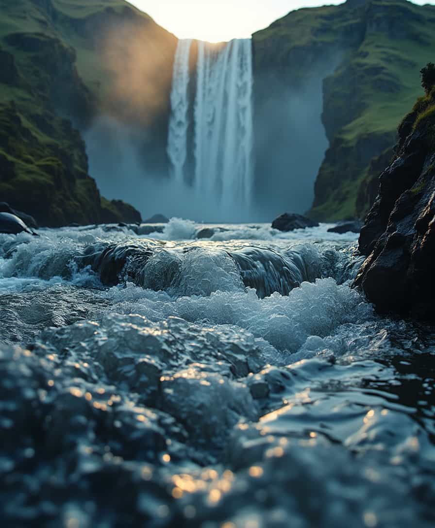 A breathtaking, cinematic photograph of Abadikan Skogafoss at dawn, captured from a low-angle aerial perspective using a high-resolution digital camera, focuses on the intricate details of the rushing waterfall cascading down the rocky cliff, with glistening water droplets illuminated by the soft, golden light of the rising sun. The lush green forest background is shrouded in a thin mist, evoking a mystical and dramatic atmosphere. The image should accentuate the rugged texture of the rocks, the transparent water, and the natural contrast of light, resulting in a deeply photorealistic effect. The camera's high resolution and precise focus will reveal every nuance of the scene, from the delicate patterns on the rocks to the gentle ripples on the water's surface, inviting the viewer to step into the enchanting world of this Icelandic wonder.
