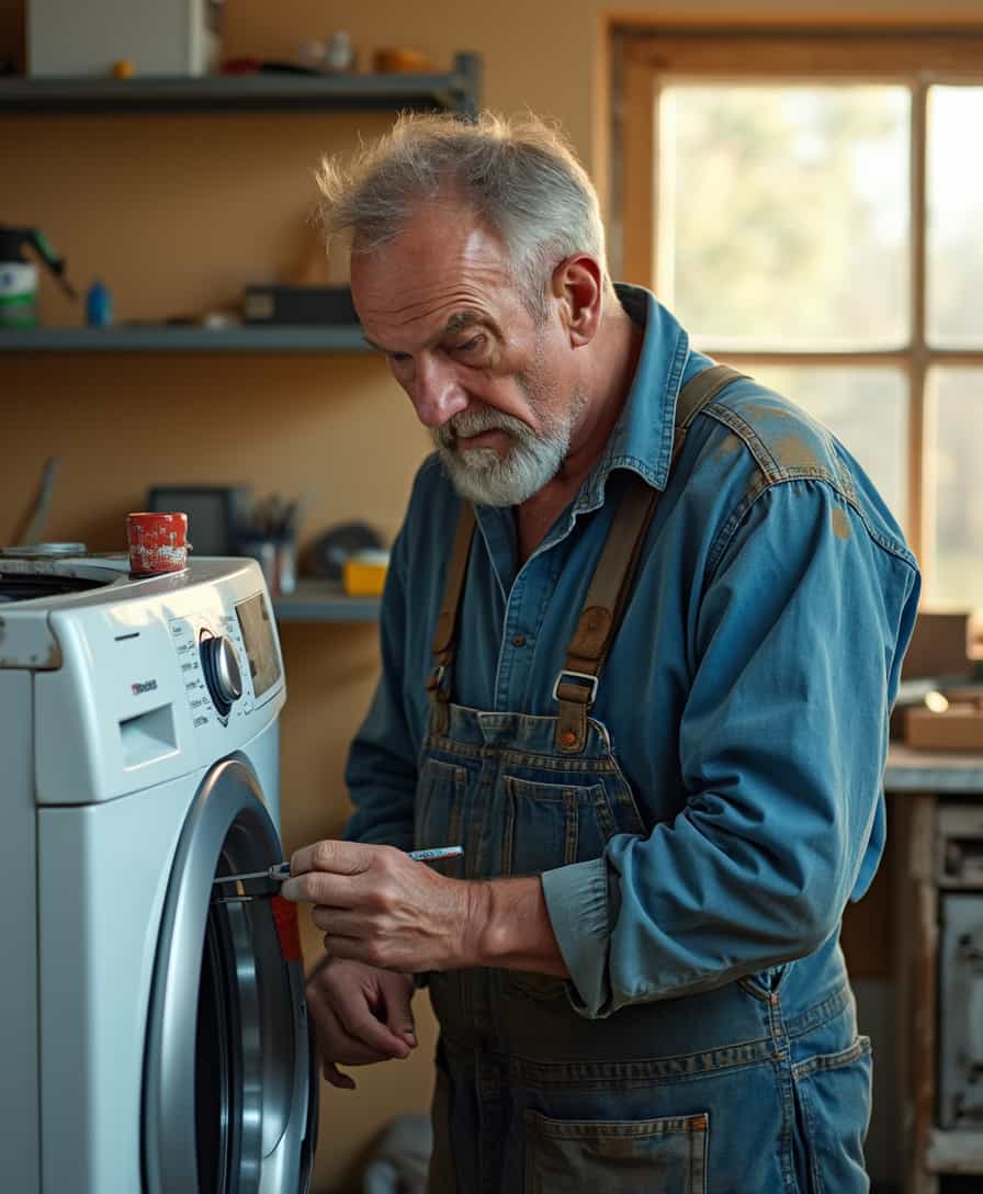 A middle-aged master repairman with a worn, yet kind face, fair skin, and a few days' worth of stubble, dressed in a faded blue overall with oil stains, is intensely focused on repairing a sleek, modern washing machine in a well-lit, tidy workshop; the machine's white and silver body is partially disassembled, with various tools and spare parts scattered around it, while the repairman's hands, with a few scratches and scars, are delicately handling a small screwdriver, his eyes fixed on the intricate mechanism; the background is a warm, beige-colored wall with a few metal shelves, holding boxes and devices, and a single, large window allowing natural light to pour in, casting a subtle, warm glow on the entire scene.