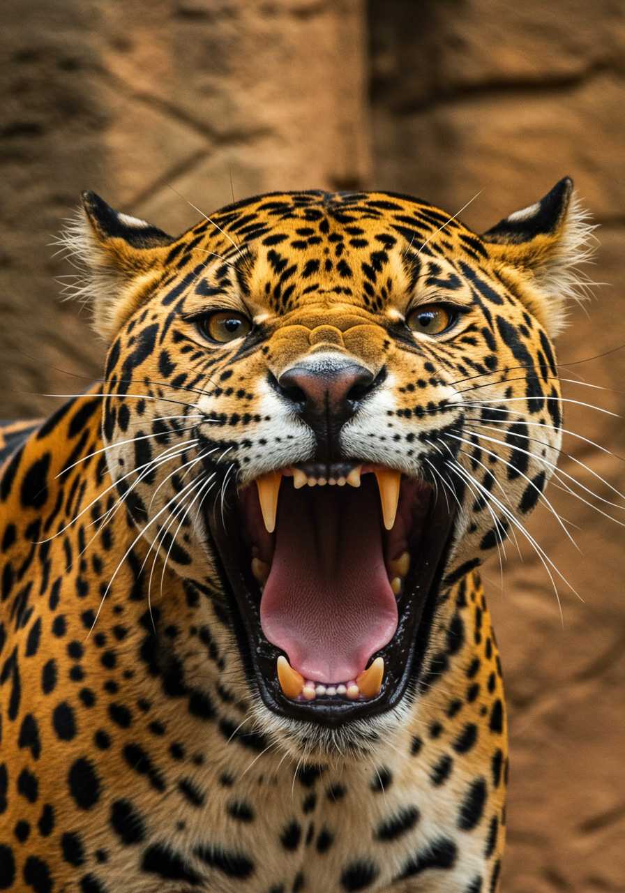 A majestic jaguar's face, with its vibrant orange-yellow fur and distinctive black spots, opens wide, revealing razor-sharp teeth and a deep, cavernous mouth, as if ready to unleash a mighty roar, its whiskers twitching with intensity, eyes gleaming with a fierce, golden light, against a warm, earthy-toned background, with the hint of lush foliage or ancient stone architecture, evoking the mystery and power of the jungle.

