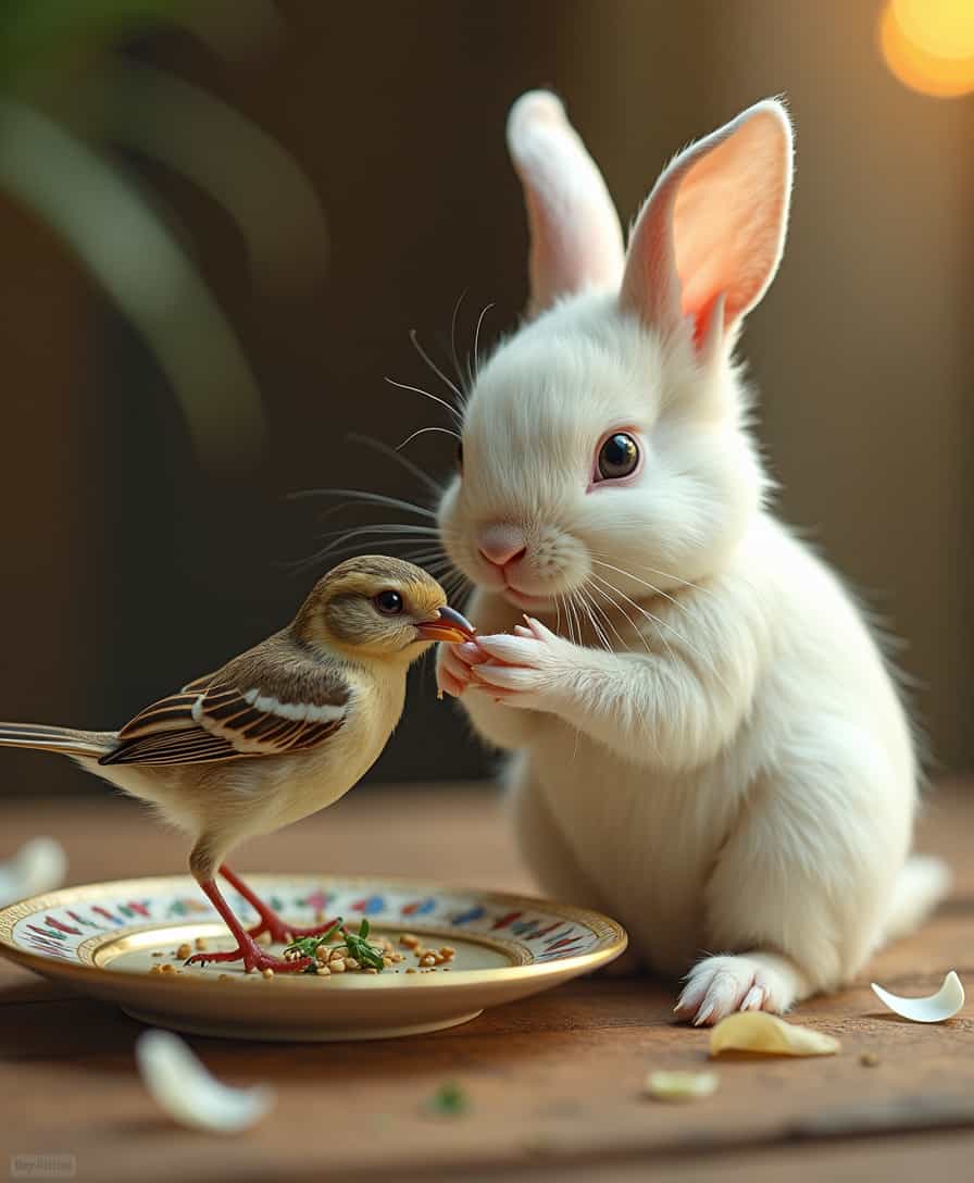 a highly detailed and vibrant surreal cinematic photograph of a small white rabbit, with realistic fur texture and subtle whiskers, tenderly holding a fragile sparrow in its paws, the sparrow's wings carefully wrapped in clean white bandages, with a few loose threads hanging loose, as the rabbit gently feeds it some fresh greens or seeds from a delicate, intricately patterned ceramic plate, set against a dreamlike, warm-hued background with soft, golden lighting, nostalgic film grain and subtle lens flares, evoking a sense of wonder and harmony between two unlikely friends, with the rabbit's bright, inquisitive eyes and the sparrow's tiny, fearful gaze fixed on the viewer.






