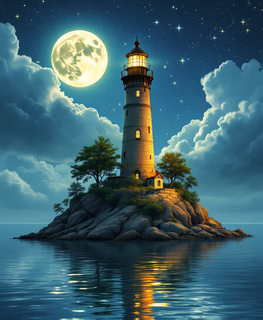 A captivating night scene illustration featuring an ancient lighthouse standing tall on a rocky island. The lighthouse, adorned with multiple windows, emits a warm glow, highlighting its intricate architecture and rich history. The rocky island is covered in lush green trees, reflecting on the calm, moonlit sea waters that mirror the silvery moonlight. The full moon graces the sky, casting an ethereal glow on the clouds and sea, while wispy clouds partially obscure its brilliance, adding to the scene's mystique. Twinkling stars dot the sky, creating a celestial tapestry that harmonizes with the moon's radiance. This enchanting artwork captures a serene and peaceful night, where the illuminated lighthouse stands resolute amidst the celestial beauty, creating a cinematic experience., illustration, cinematic
