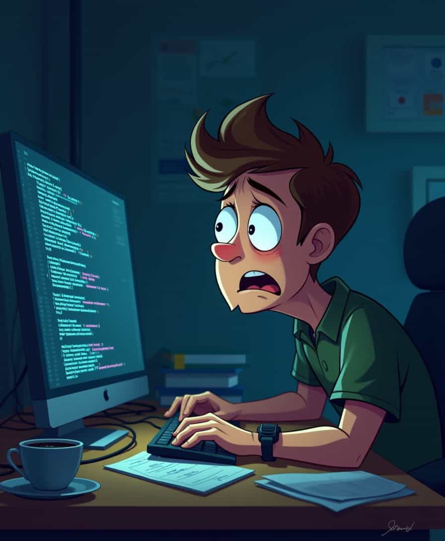 A realistic or cartoon-style programmer staring at the screen in shock and horror. His eyes are wide open, expressing confusion and disbelief, as if he doesn’t understand what he has just written in the code. The scene is set in a dimly lit workspace, with the computer screen casting a bluish glow on his face. The desk is cluttered with coffee cups, notes, and cables, adding to the chaotic atmosphere.







