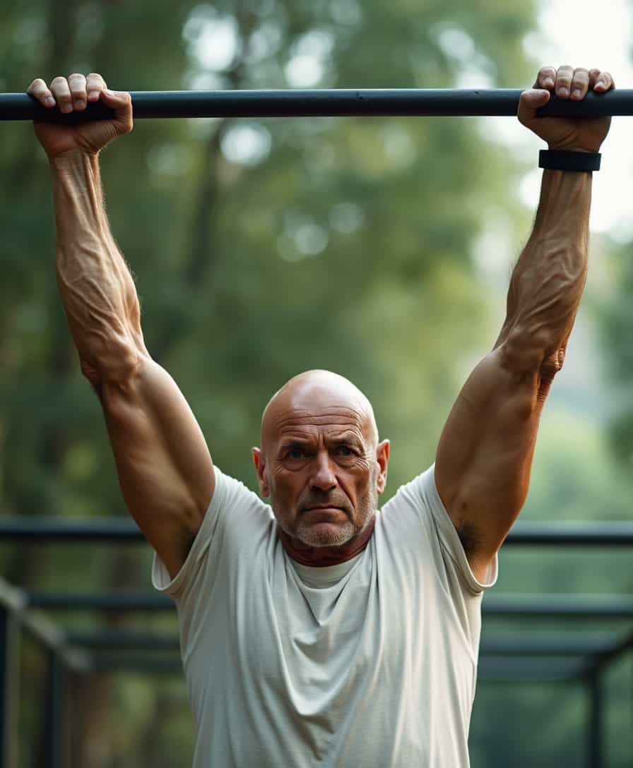 A bald man in his fifties, with a fit and toned physique, hangs from a horizontal bar, his arms straight and his hands gripping the bar with a firm grasp, his facial expression focused and determined, with a few wrinkles on his forehead and around his eyes, his skin tone a warm beige with a slight sweaty sheen, outdoors in a natural setting with a blurred green background of trees and foliage, the sun casting a soft warm glow on his skin, illuminating the defined lines of his arms and shoulders, his body positioned in a straight line from head to heels, with a sense of tension and balance, showcasing his strength and agility, wearing a white t-shirt, non muscular, unzoom, include legs