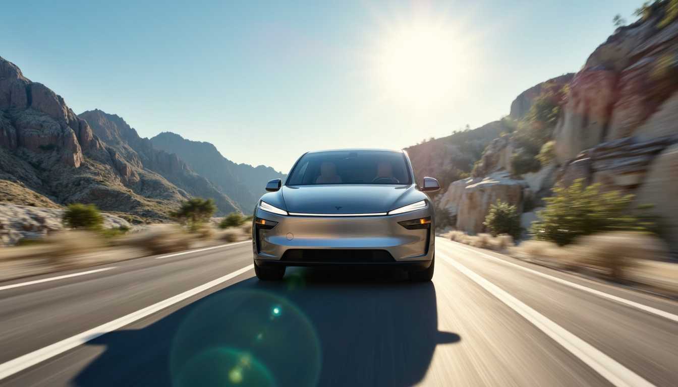 a photo of a T3SLAMDLYJNP3R car, driving through the mountains
